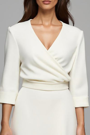 Ivory Satin A Line Ruched Long Work Dress with Sleeves