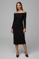 Load image into Gallery viewer, Black Satin Sheath Off The Shoulder Midi Work Dress with Sleeves