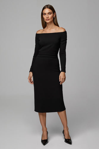 Black Satin Sheath Off The Shoulder Midi Work Dress with Sleeves