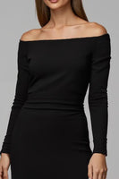 Load image into Gallery viewer, Black Satin Sheath Off The Shoulder Midi Work Dress with Sleeves