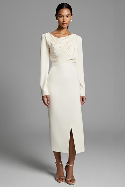 Ivory Sheath Ruched Long Sleeves Work Dress with Slit