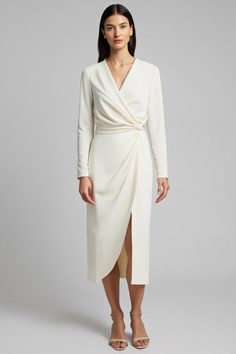 Ivory Sheath Satin Ruched Long Sleeves Midi Work Dress with Slit