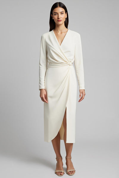 Ivory Sheath Satin Ruched Long Sleeves Midi Work Dress with Slit