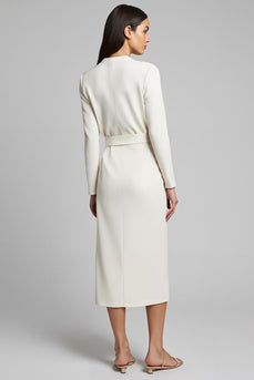 Ivory Sheath Satin Ruched Long Sleeves Midi Work Dress with Slit