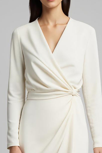 Ivory Sheath Satin Ruched Long Sleeves Midi Work Dress with Slit