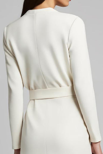 Ivory Sheath Satin Ruched Long Sleeves Midi Work Dress with Slit