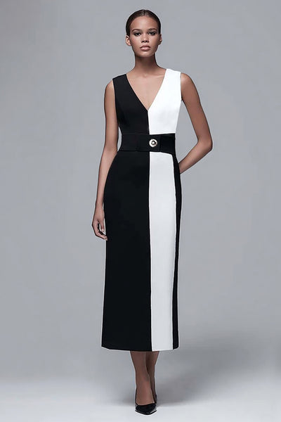 Black and White Sheath V-Neck Long Work Dress with Belt