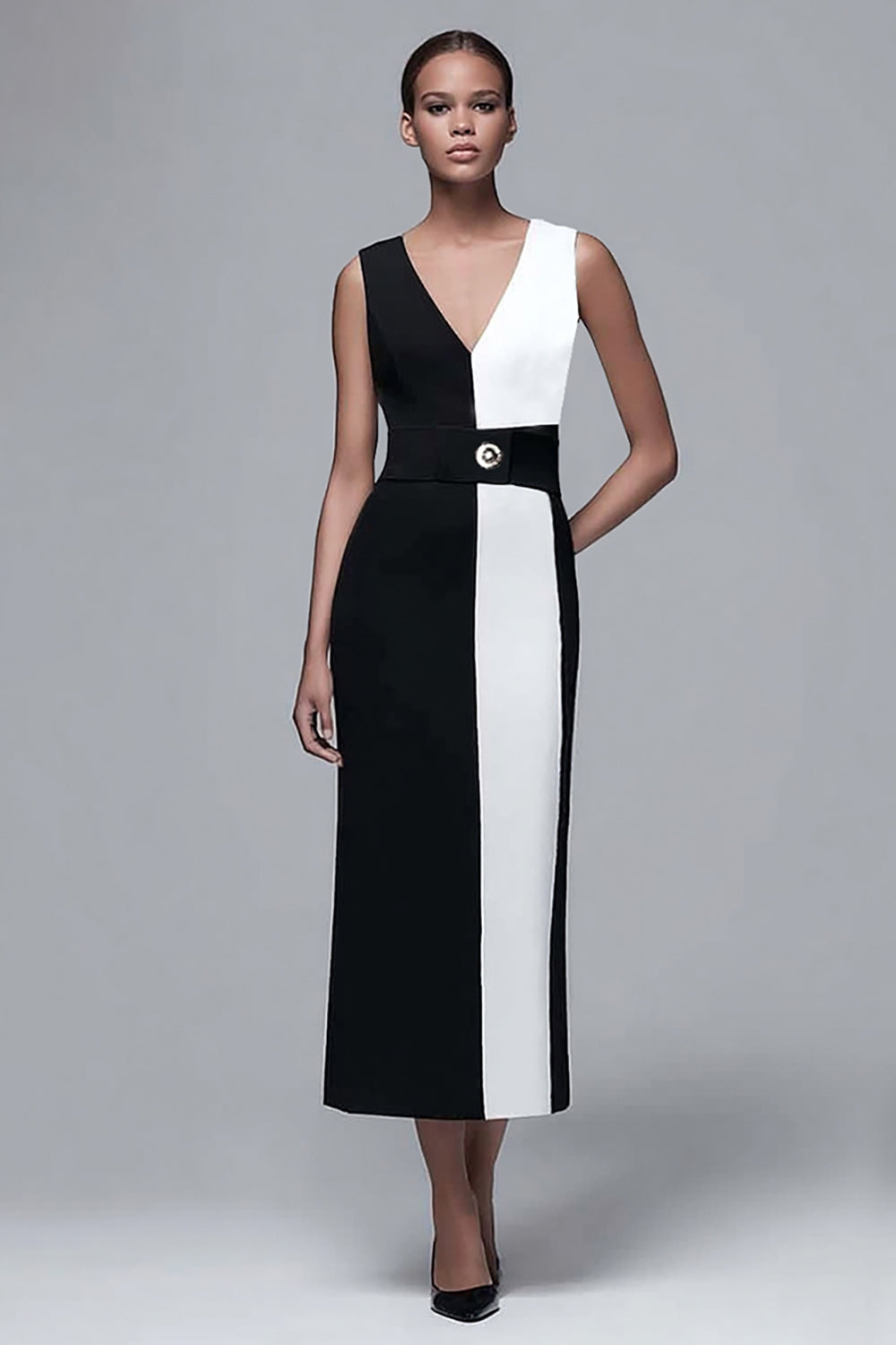 Black and White Sheath V-Neck Long Work Dress with Belt