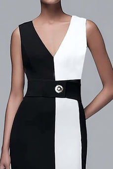Black and White Sheath V-Neck Long Work Dress with Belt