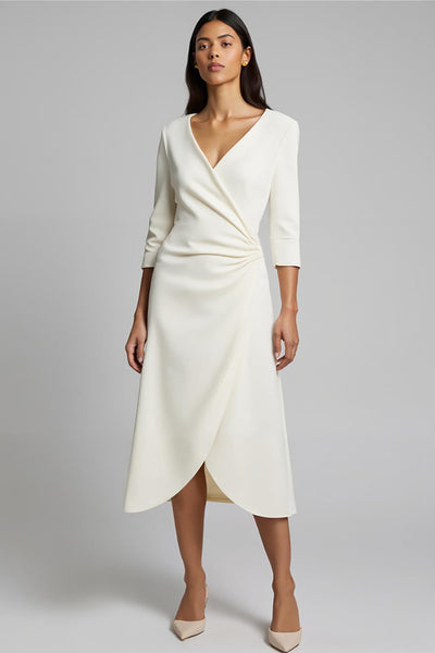 Ivory Satin V-Neck Ruched Midi Work Dress with Sleeves