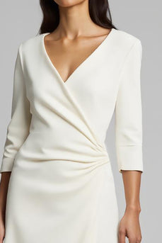 Ivory Satin V-Neck Ruched Midi Work Dress with Sleeves