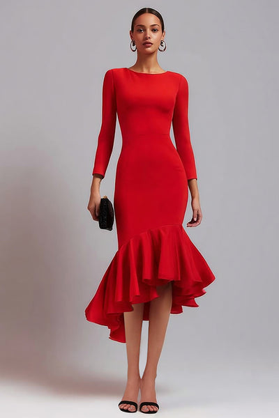 Red Satin Sheath Long Sleeves Midi Work Dress with Ruffles