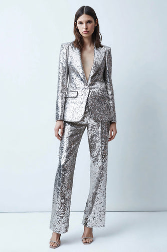 2 Piece Sparkly Silver Sequins Wide Leg Women Prom Suits