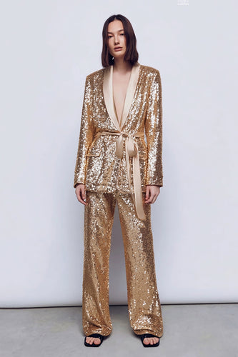 Sparkly Gold Sequins 2 Piece Women Prom Suits with Sash