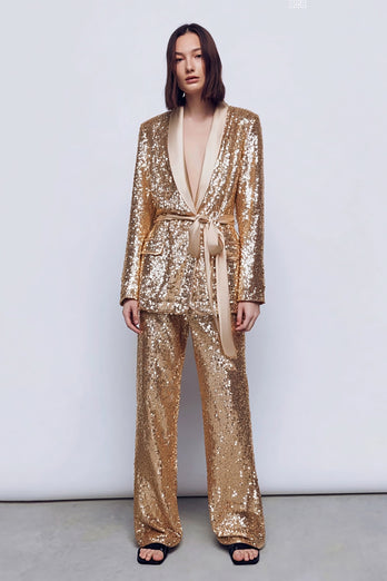 Sparkly Gold Sequins 2 Piece Women Prom Suits with Sash