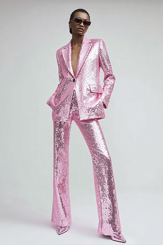 Sparkly Pink 2 Piece Sequins Women Prom Suits with Pockets
