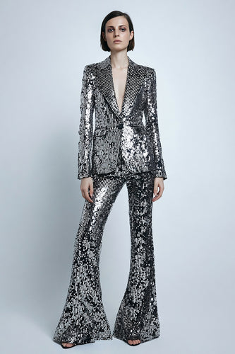 2 Piece Sparkly Silver Gray Sequins Women Prom Suits with Pockets