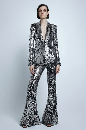 2 Piece Sparkly Silver Gray Sequins Women Prom Suits with Pockets
