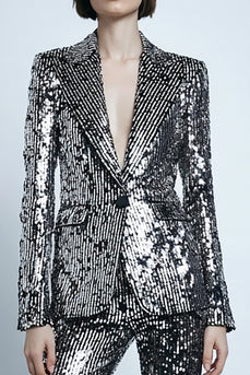 2 Piece Sparkly Silver Gray Sequins Women Prom Suits with Pockets