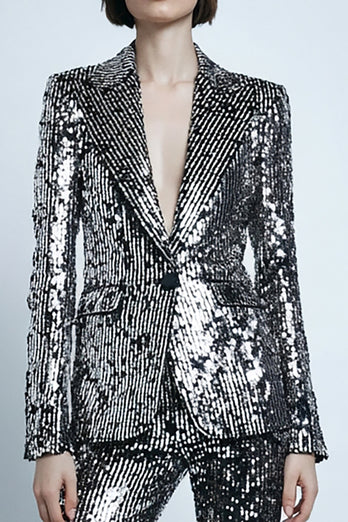 2 Piece Sparkly Silver Gray Sequins Women Prom Suits with Pockets