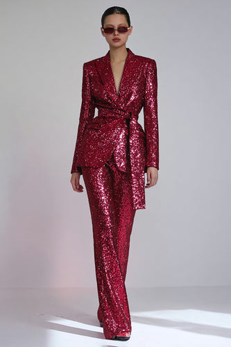 Sparkly Red 2 Piece Sequins Women Prom Suits with Sash