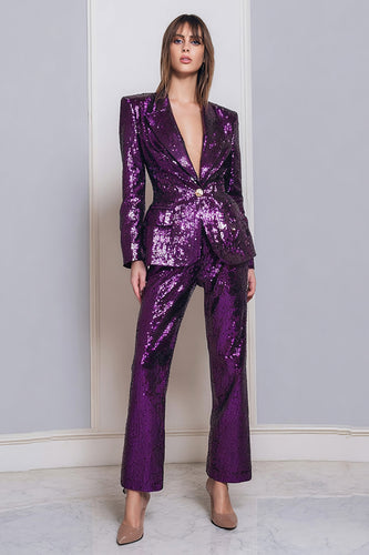 2 Piece Sparkly Dark Purple Sequins Women Prom Suits with Sleeves