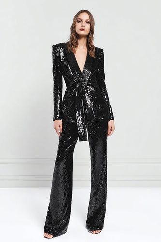 Sparkly Black Sequins 2 Piece Women Prom Suits with Sash