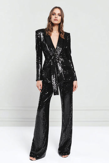 Sparkly Black Sequins 2 Piece Women Prom Suits with Sash