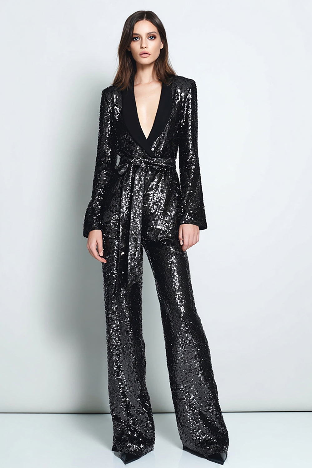Sparkly Black Sequins Shawl Lapel 2 Piece Women Prom Suits