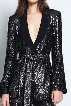 Sparkly Black Sequins Shawl Lapel 2 Piece Women Prom Suits