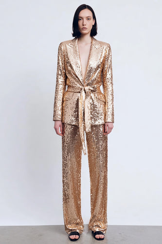 Sparkly Gold Sequins Peak Lapel 2 Piece Women Prom Suits