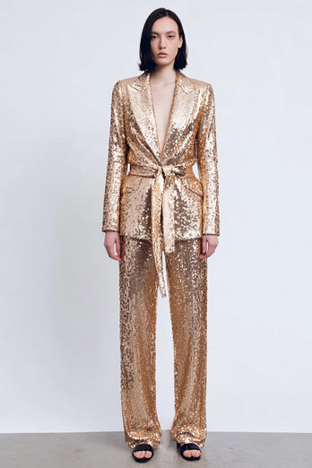 Sparkly Gold Sequins Peak Lapel 2 Piece Women Prom Suits