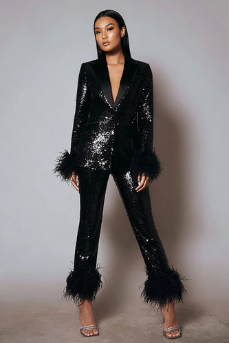 2 Piece Sparkly Black Sequins Women Prom Suits with Feathers