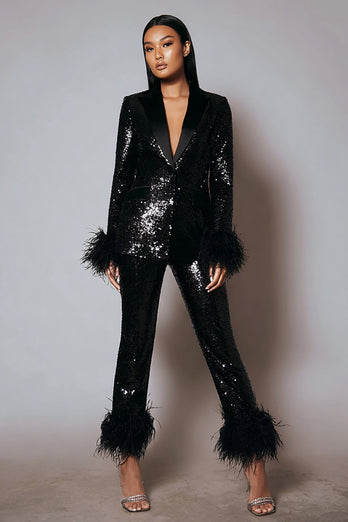 2 Piece Sparkly Black Sequins Women Prom Suits with Feathers