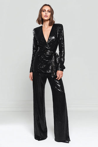 2 Piece Sparkly Black Sequins Women Prom Suits