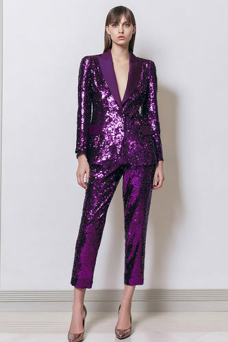 2 Piece Sparkly Dark Purple Sequins Women Prom Suits with Pockets