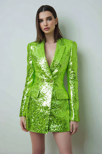 Sparkly Fluorescent Green Bodycon Peak Lapel Women Blazer
