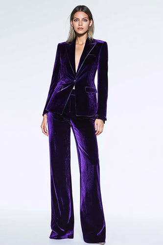 Dark Purple 2 Piece Velvet Peak Lapel Business Suits with Pockets