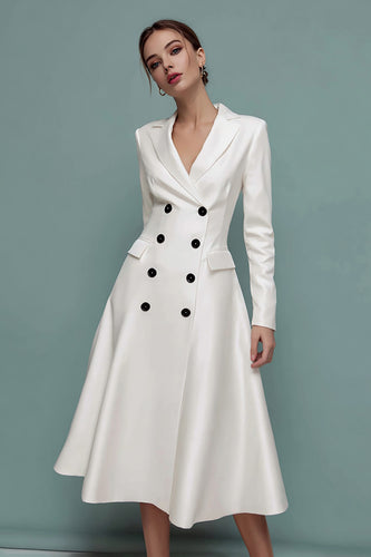 Ivory Notched Lapel A Line Midi Blazer Dress with Sleeves
