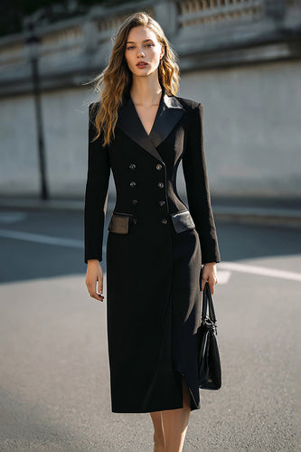 Black Pencil Double Breasted Midi Blazer Dress with Sleeves