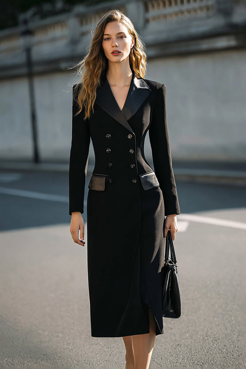Load image into Gallery viewer, Black Pencil Double Breasted Midi Blazer Dress with Sleeves