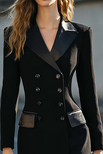 Black Pencil Double Breasted Midi Blazer Dress with Sleeves