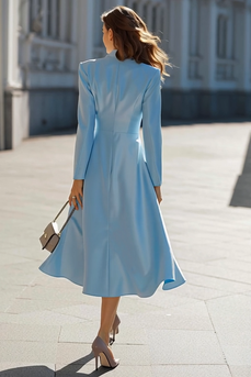 Sky Blue Satin A Line Shawl Lapel Midi Blazer Dress with Sleeves