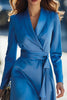 Load image into Gallery viewer, Blue Satin A Line Shawl Lapel Long Sleeves Blazer Dress with Sash