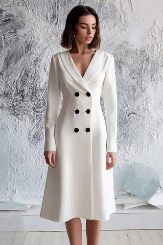 Ivory A Line Satin Double Breasted Midi Blazer Dress with Sleeves