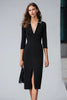 Load image into Gallery viewer, Black Pencil Collar Neck Midi Work Dress with Slit
