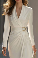 Load image into Gallery viewer, Ivory Satin Pencil Ruched Midi Blazer Dress with Belt