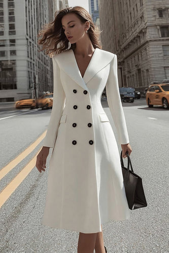Ivory A Line Shawl Lapel Double Breasted Midi Blazer Dress with Sleeves