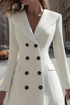Ivory A Line Shawl Lapel Double Breasted Midi Blazer Dress with Sleeves