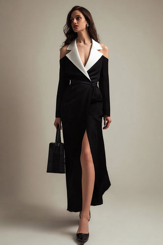 Black and White Satin Notched Lapel Long Sleeves Blazer Dress